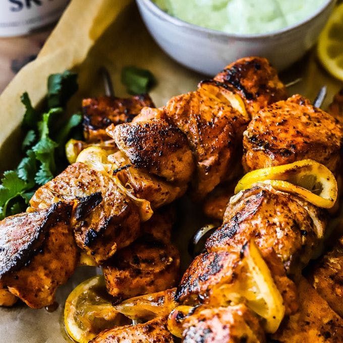 Cover Image for Salmon Skewers with Cilantro Skyr Sauce